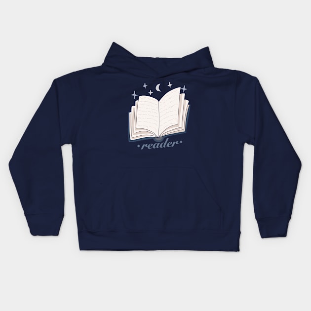 Reader blue open magic book design with stars and the moon Kids Hoodie by loulou-artifex